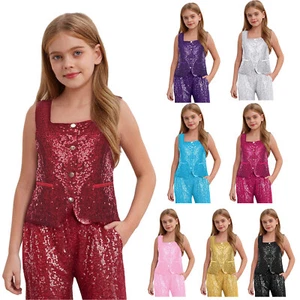 Girls Sparkle Sequins Dance Crop Tops Sleeveless Camisole Tank Tops Vest - Picture 1 of 78