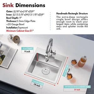 18x18x9 Zoll Nano kratzfeste Drop-in Einzelschüssel Bar Spüle mit String - Bild 1 von 6