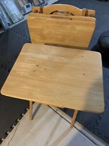 Set of 4 Vintage Solid Wood Folding TV Tray Tables with Stand 