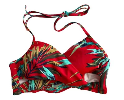 PINK Victoria's Secret Swim Bikini Top Red Tropical Strappy Wrap Halter XS - Image 1 of 3