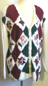 Vintage Colleen's Collectables Sweater Hand Knit Womens Medium Cardigan Floral