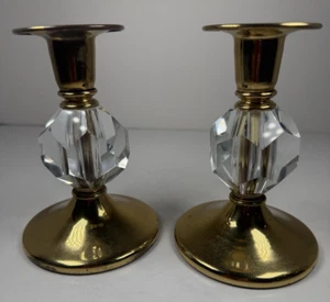 Vintage Pair of Brass and Crystal Candle Holders- 5" Tall - Picture 1 of 16