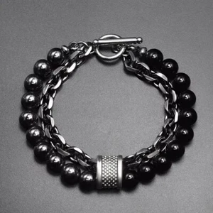 Hematite - Lava Rock, Beaded 8 mm, Stainless Steel Chain, Bracelet For Men - Picture 1 of 7