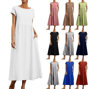 Linen Dress for Women Summer Trendy Short Sleeve Crewneck Maxi Dress with Pocket - Picture 1 of 39
