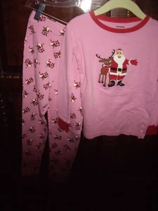 T14  Girls Size 8 Leveret 2pc Pink Cotton Pajamas PJ's Santa Reindeer Applique - Picture 1 of 8