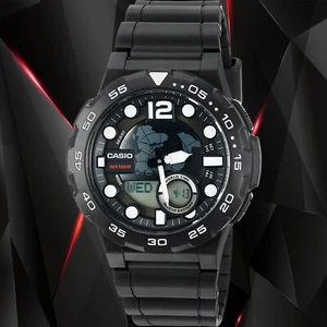Casio AEQ-100W-1AV Mens Black 100M World Time Digital/ Analog Sports Watch New - Picture 1 of 8