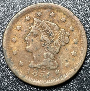 1851 Braided Hair Large Cent 1c Fine Nice Old Penny - Picture 1 of 2