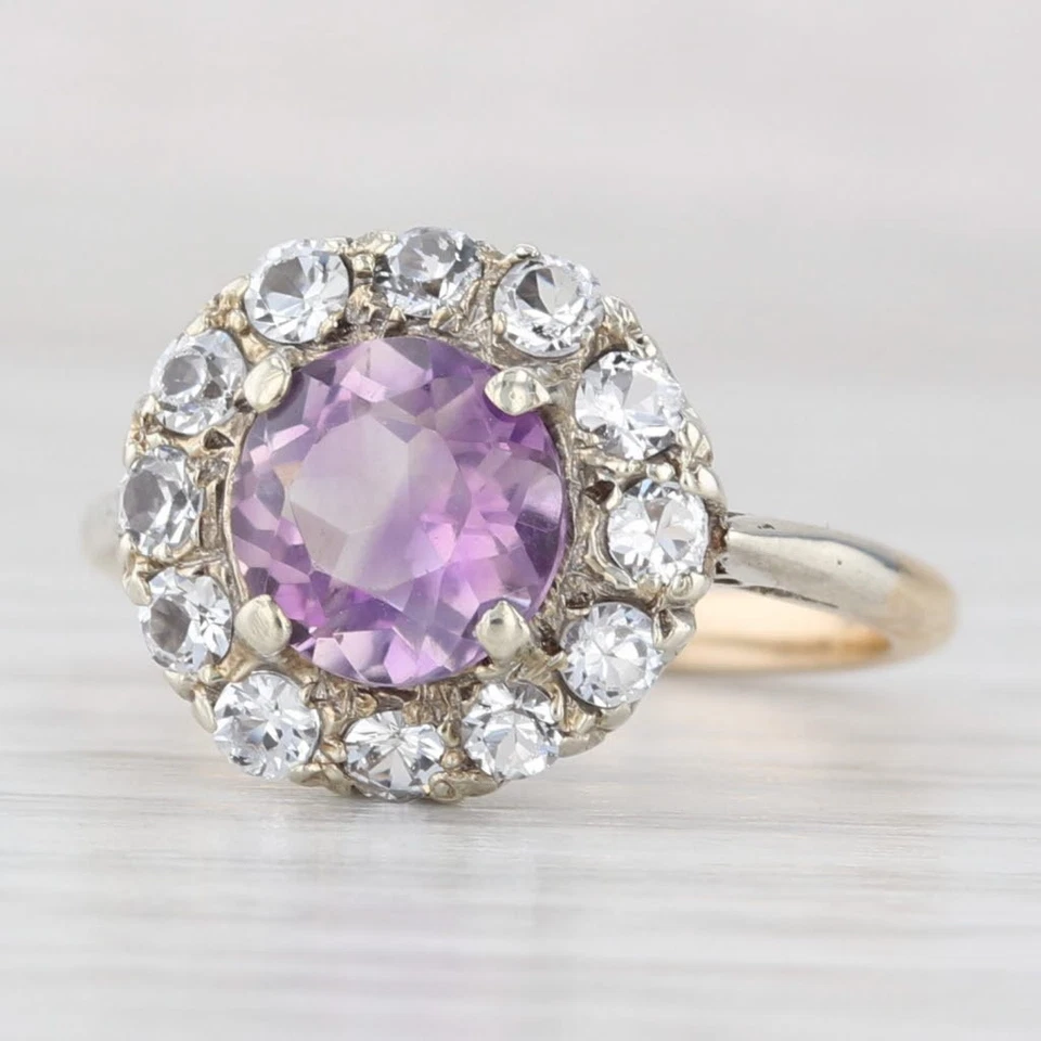 Anillo Halo Vidrio Amatista Vintage 1.15ct Oro Amarillo Blanco 9k Talla 5.5 Foto 1 de 4