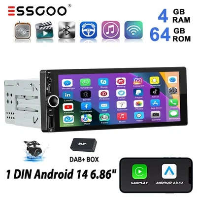 DAB+ Autoradio 1 DIN Carplay GPS Navi 2+64G Android 14 RDS Bluetooth WIFI Kamera - Bild 1 von 4