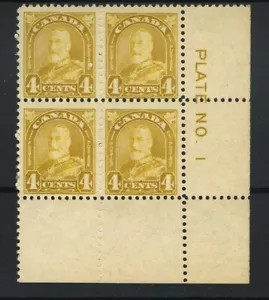 M6629 Canada 1930 SG294 - 4c yellow bistre bottom corner PLATE (1) block of 4 - Picture 1 of 1