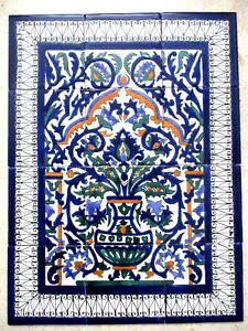 Ceramic tile art Mosaic mural Panel floral vase blue green BACKSPLASH 18" x 24"