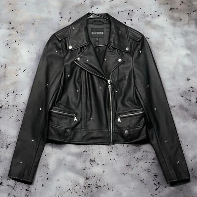 Express женщин черный веган кожи звезда с заклепками мотоциклетная куртка размер маленький EUC - Изображение 1 из 4