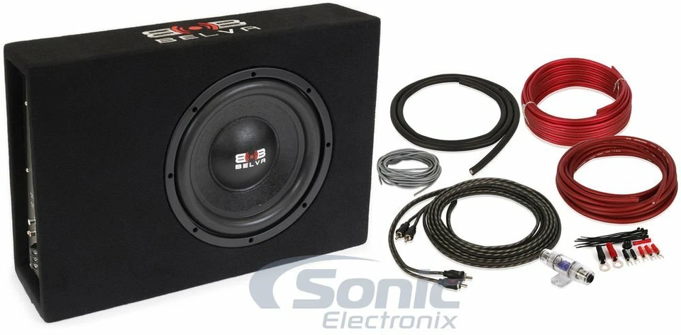 Belva BPKG10T 600W 10" Shallow-Mount Angled Amplified Subwoofer w/ 8 AWG Amp Kit