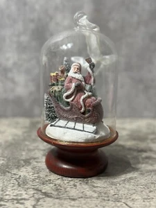 Christmas Cloche Dome Santa Sleigh On Wood Base Snow - Picture 1 of 5