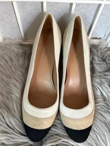 New Women's 10B Talbots Beige/Black Suede Striped Block Heel Court Shoes - Picture 1 of 11