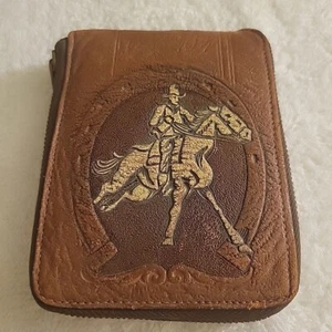 Leather Cowboy style wallet with embossed Horse & Rider W/ Zipper works 1950s - Picture 1 of 12
