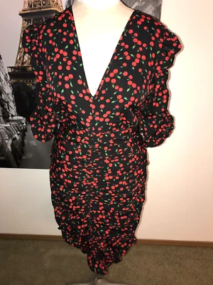 WEDNESDAY'S GIRL (ASOS) BLACK CHERRIES PRINT RUCHED RETRO STYLE DRESS SIZE 20 - Image 1 of 4