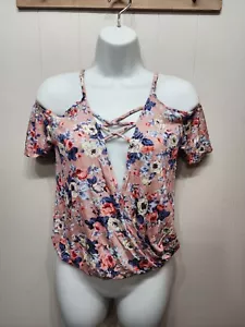 Daytrip Shirt XS Cold Shoulder Pink Floral VNeck Summer Buckle Casual B575 - Picture 1 of 5