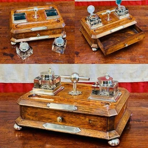 Sublime English Golden Oak & Silver Edwardian Partners Inkwell Standish (c.1910) - Picture 1 of 12