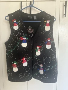 Erika schwarz bestickt Perlen Weihnachten Pullover Weste Schneemänner Größe Small - Bild 1 von 12