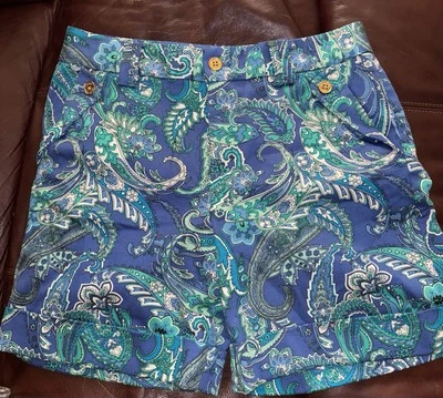 Ralph Lauren 蓝色浅绿色白色佩斯利花卉铐边百慕大短裤 尺寸 6 华丽 — 第 1/4 张图片