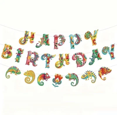 Chameleon Lizard Banner Birthday Party Bunting Pet Reptile Decoration Garland - Изображение 1 из 4