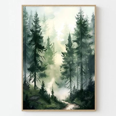 Lienzo bosque brumoso arte de pared pino pintura paisaje naturaleza póster verde... Foto 1 de 4