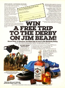 JIM BEAM WHISKEY AD #10 RARE 1984 VINTAGE "WIN A FREE TRIP TO THE DERBY ON...!"  - Picture 1 of 2
