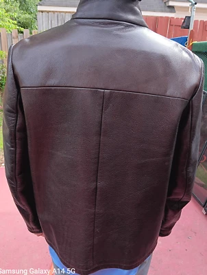 Jaqueta de couro masculina 2005 vintage ROOTS 100% marrom escuro motociclista tamanho P zíper de metal - Imagem 1 de 4