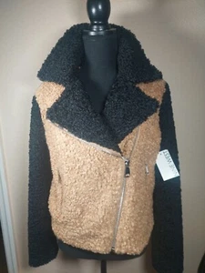 NWT Nine West Teddy Moto Jacket Black Tan Faux Fur Sherpa Women’s Size Small - Picture 1 of 19
