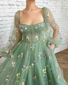 BABYONLINE Prom Dresses Green Fairy Puffy Sleeve Lace Embroidery Tulle Formal - Picture 1 of 22