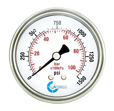 2" Pressure Gauge, Stainless Steel Case, Liquid Filled, Back Mnt, 1500 Psi - Image 1 of 4