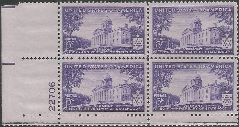Plate Block of 4 stamps - Scott 903 - 3 cent - Vermont Statehood - 1941 - MNH - Image 1 of 1