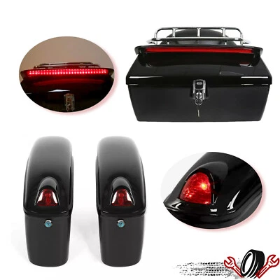 Motorcycle Hard Saddle Bags+Luggage Trunk Tail Box Led Light For Harley Honda - Image 1 of 4