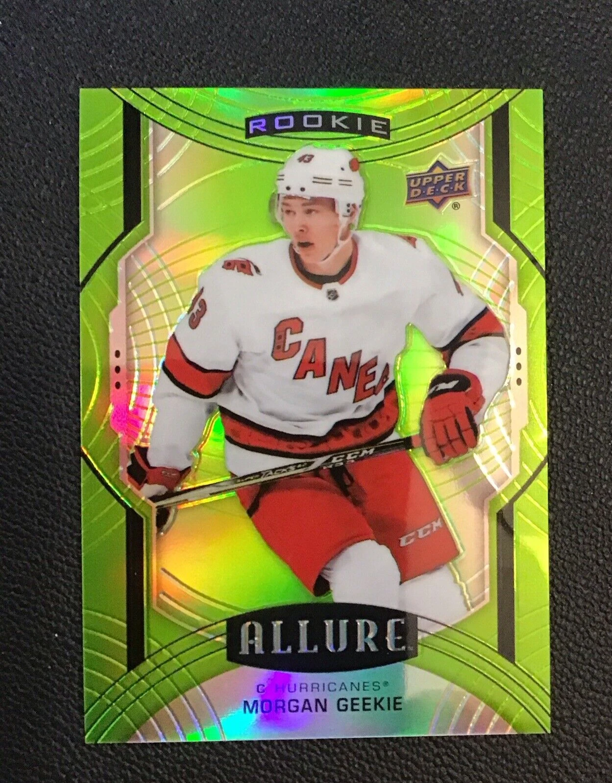 2020-21 UD Allure #119 Green Quartz Morgan Geekie RC Huricanes /99