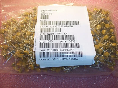 CANTIDAD (1000) 150pf 3KV 3000V 10% Y5P CONDENSADORES DE DISCO CERÁMICO S151K33Y5PR63K7 BC Foto 1 de 4