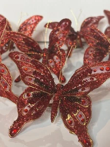Lot 8 Dark Red Glitter Bead Rhinestone Butterfly Clip-On Christmas Ornaments 4" - Picture 1 of 11