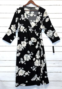 Glamour Stretch Strick Faux Wickel Front Kleid 22W Blumen Langarm Schwarz/Elfenbein - Bild 1 von 7