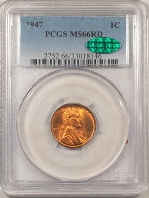 1947 LINCOLN CENT - PCGS MS-66 RD, PREMIUM QUALITY+! CAC APPROVED! - Image 1 of 3