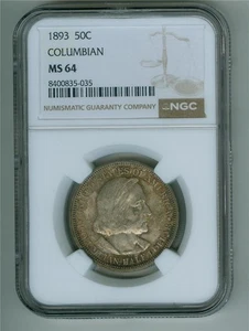 U.S. 1893 COLUMBIAN SILVER HALF DOLLAR NGC MS-64 CHOICE BU - Picture 1 of 2
