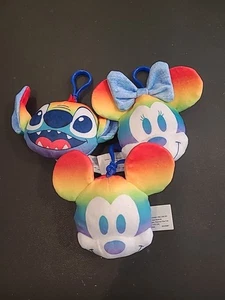 Three Rainbow DISNEY Collection PRIDE plush Clips-ons. NEW Mickey Minnie Stitch - Picture 1 of 1