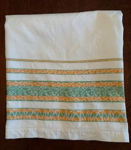 Old World Vintage Square 100% Cotton Tablecloth Striped Orange Green Please Read - Picture 1 of 9