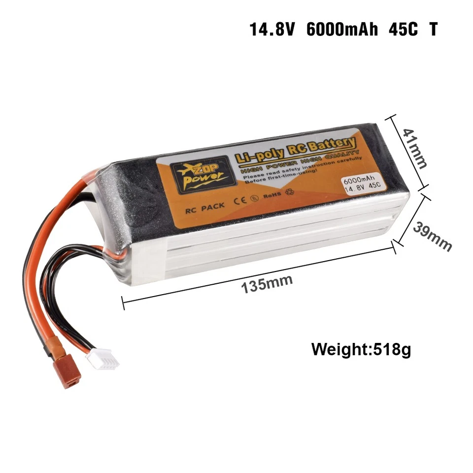 Batería Zop Power 4S RC Lipo 14.8V 6000mAh 45C Enchufe en T para RC Coche Barco FPV Drone Foto 1 de 1