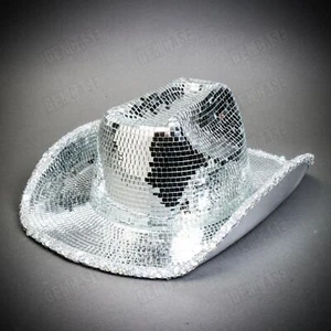 Shinny Disco Ball Silver Mirrors Rave New Year Party Women Cowboy CowGirl Hat - Picture 1 of 5