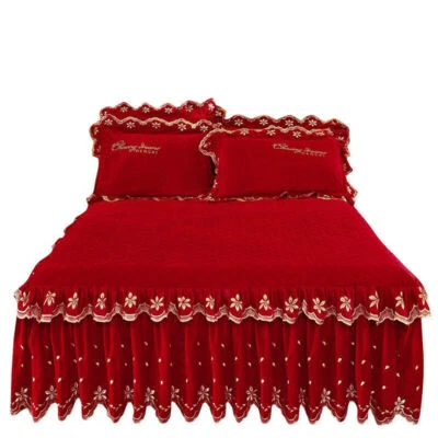 Quilted Velvet Ruffle Skirt Bedspread King Queen Size Emboridered Soft Thick - Image 1 of 4