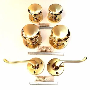 Polished Brass Victorian Mortice Knobsets & Scroll Lever Rose Handles - Picture 1 of 5