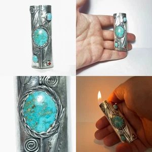 39 Gram Sterling Silver Bic Lighter Case Natural Kingman Turquoise & Red Coral - Picture 1 of 8