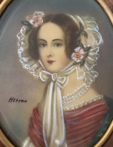 Antikes Miniatur Portrait Gemälde schöne Frau mit Haube signiert Hermo - Bild 1 von 5