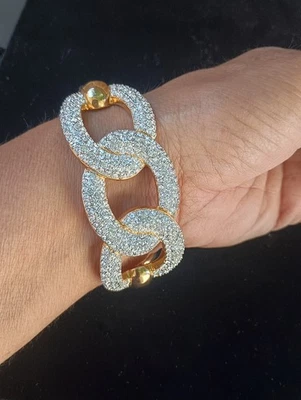 Pulseira Swarovski - Articulada Larga Tom Dourado e Preto Esmalte Pavê Cristal Strass - Imagem 1 de 4