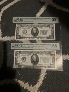 1934A 20$ Sequential Lime Green Bills(2) Philadelphia Pennsylvania Pmg 58 Choice - Picture 1 of 8